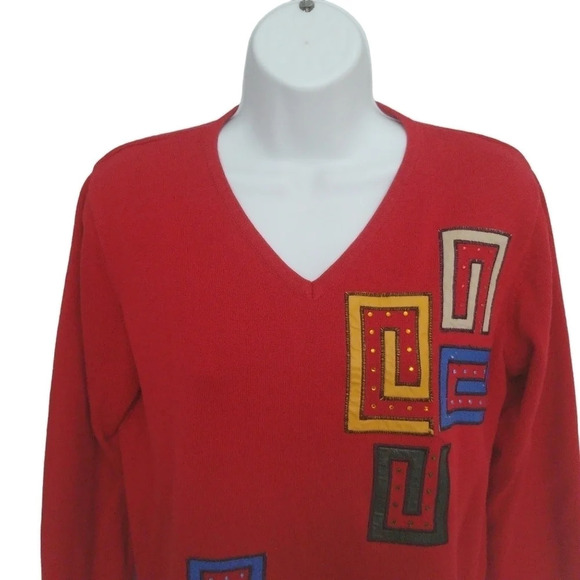 Red Geometric Maze  Design Cotton Knit Sweater S - Picture 4 of 8
